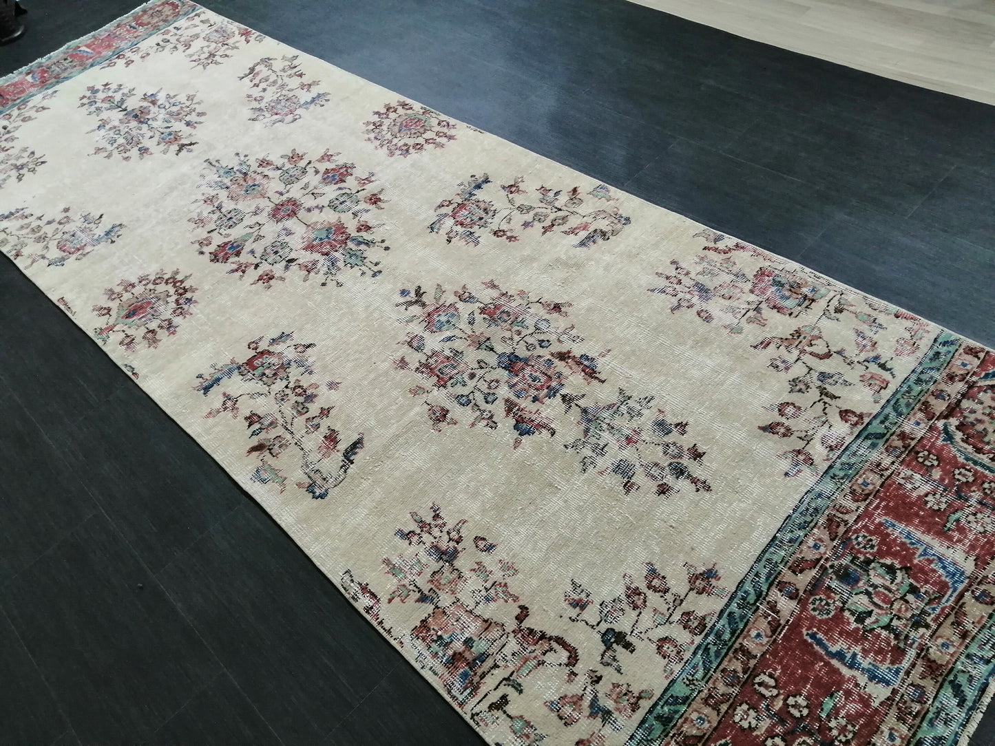 Distressed OUSHAK RUG 11.6 x 3.8 Muted Vintage Runner Rug Vintage Runner Rug Wool Oushak Rug Vintage Turkish Runner Rug