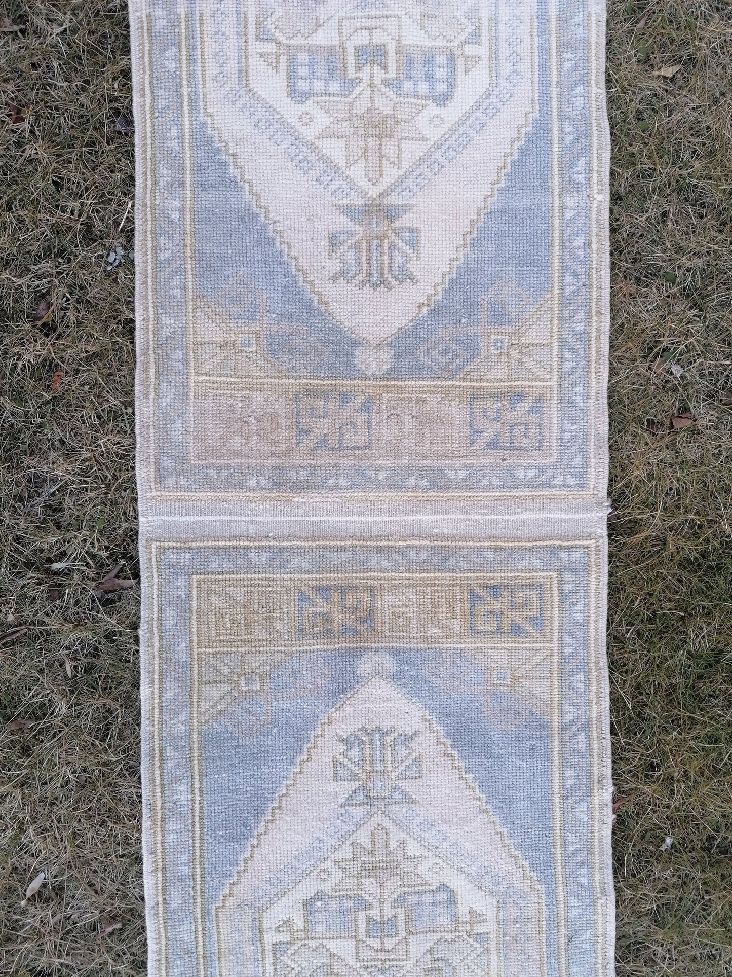 1'9x10'5 muted blue runner rug, faded vintage turkish runner, hallway runner rug, kicthen runner rug, oushak runner rug