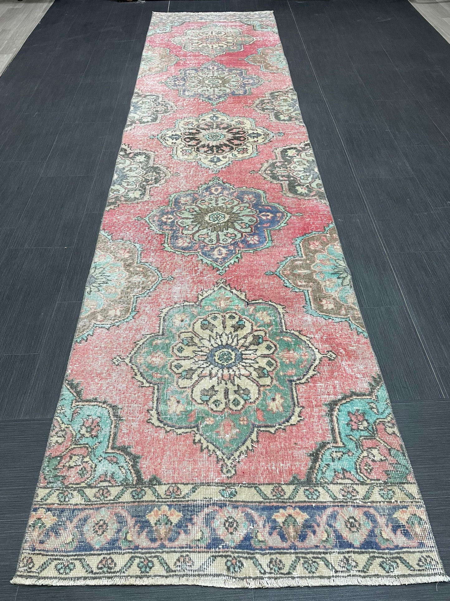 Muted Vintage Runner Rug Vintage Oushak Runner Rug 3 x 12.5 Hallway Runner Rug Turkish Kitchen Runner Rug Antique Wool Oriental Runner Rug