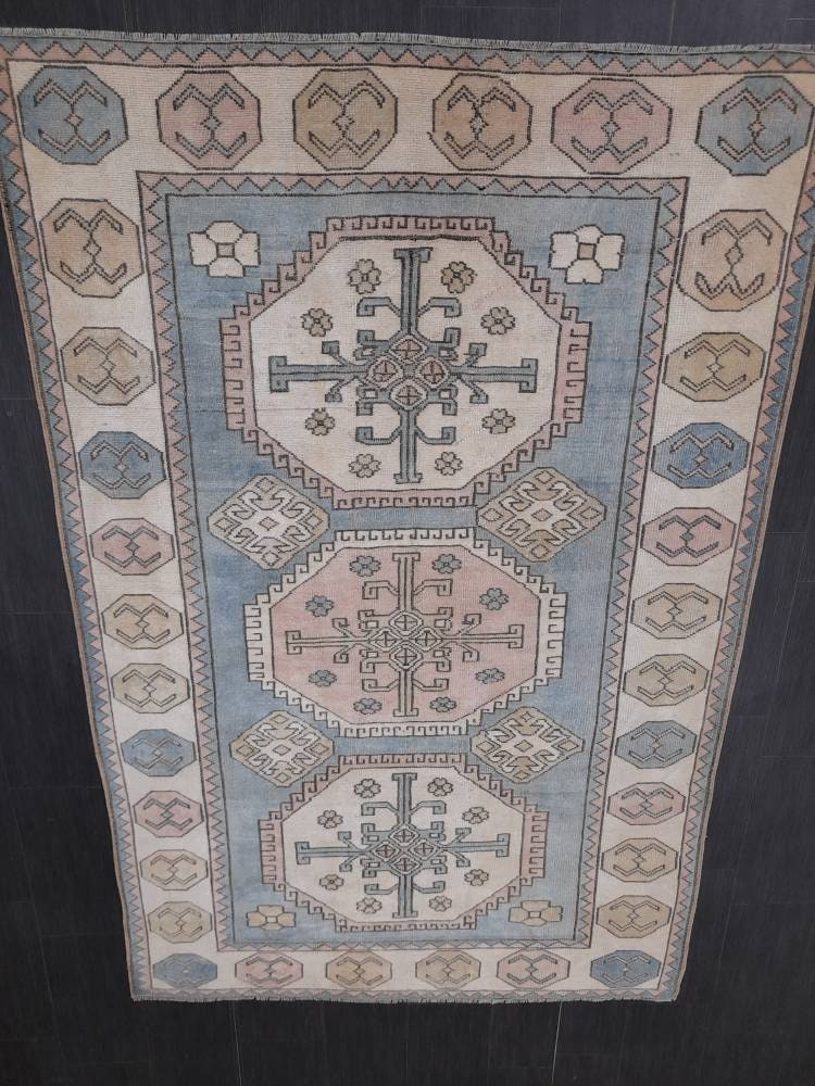 Distressed Wool Hand Made Rug Vintage Oushak Rug Blue 5x8 Oriental Rug, Rug Vintage Turkish Rug, Farmhouse Rug Vintage Rug Living room Rug