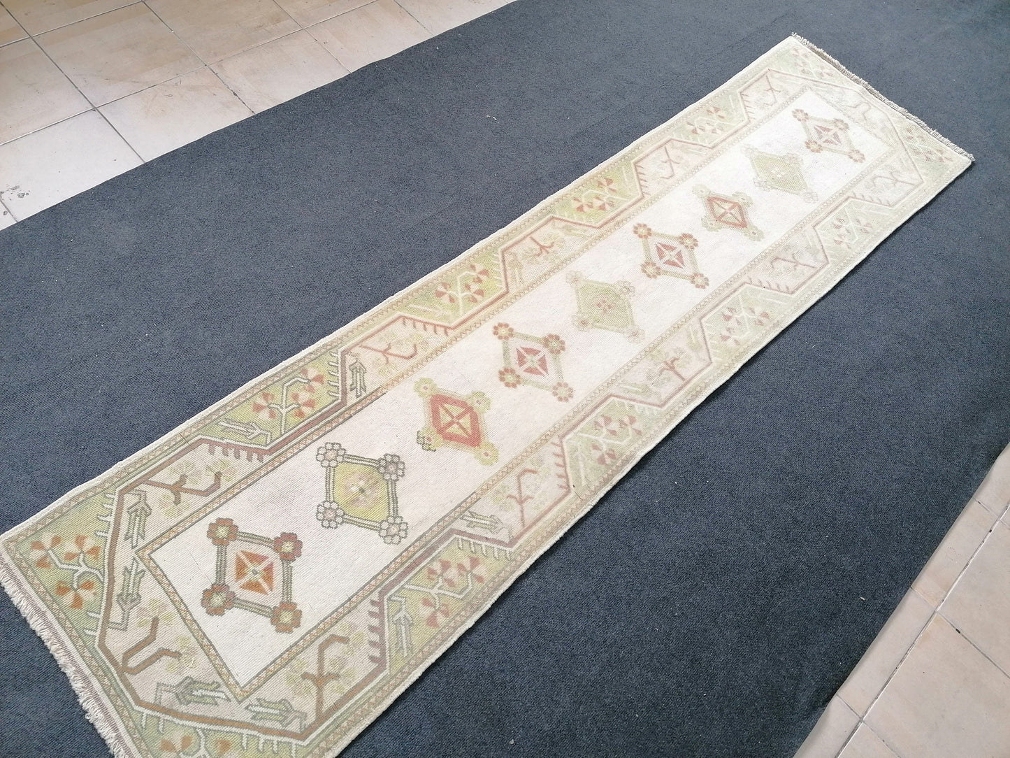 Pastel green runner rug, 2'5x9'5 faded runner rug, turkish runner rug, vintage runner rug, hallway runner rug, kitchen runner