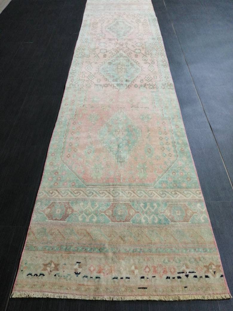 Muted OUSHAK RUG 2.6 x 11 TURKISH Vintage Runner Oriental Runner Rug Faded Vintage Runner Rug Hand Made Kitchen Runner Vintage HallwayRunner