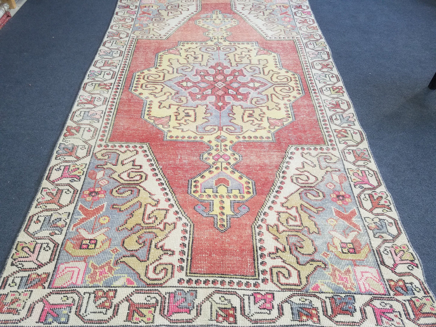 Distressed turkish rug, vintage wool rug 4x8'4 oushak handmade rug, rustic kitchen rug, bohemian rug
