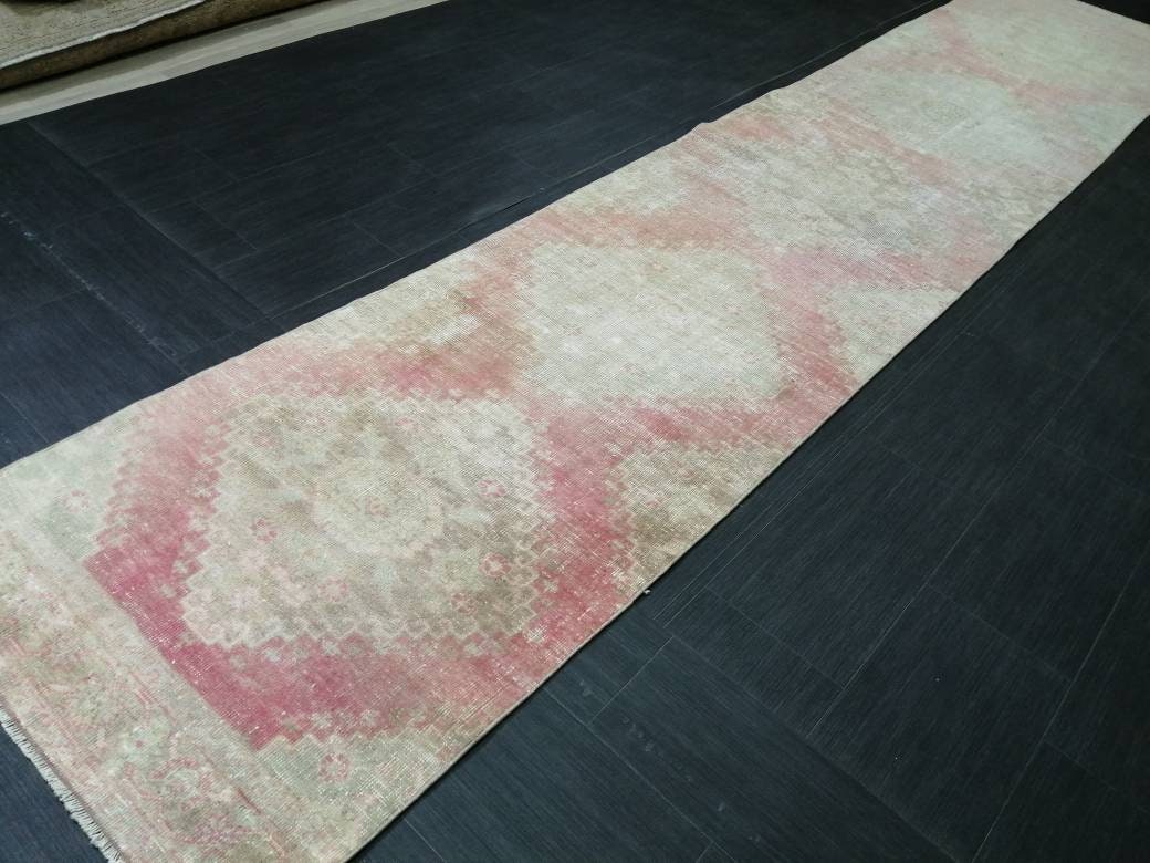 Distressed Antique Runner Rug 2.7 x 13.6 Turkish Vintage Runner Rug
