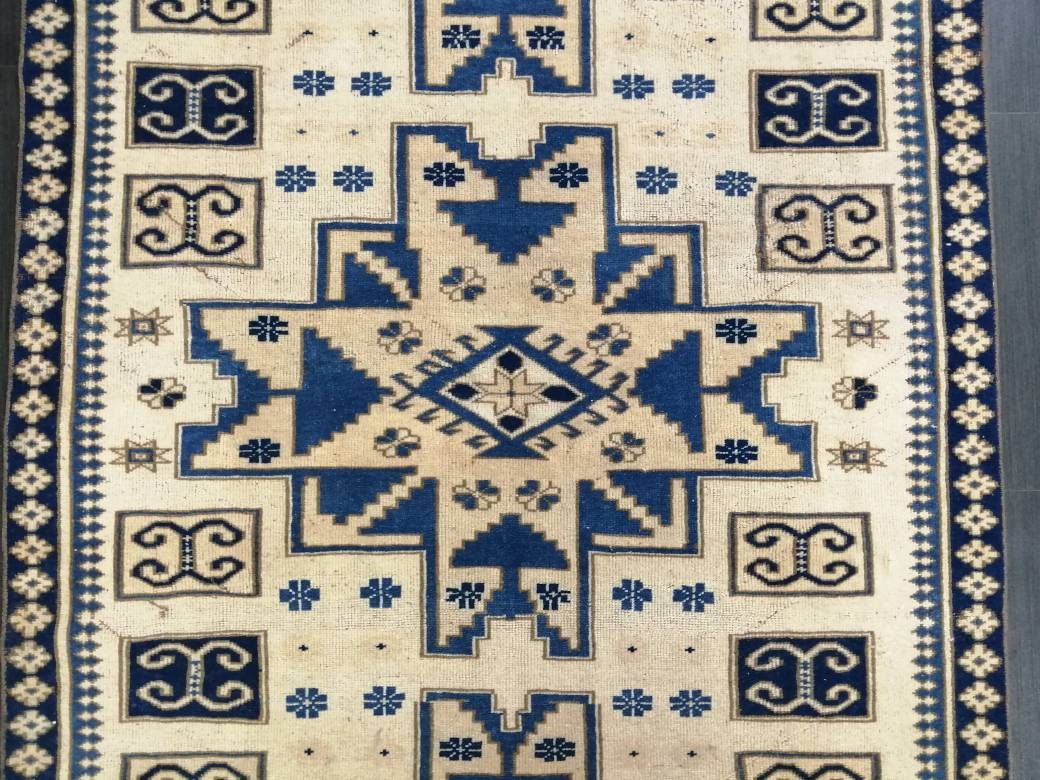 Oriental RUG 4.2 x 9.6 Oushak Rug Blue Persian Rug Navy Vintage Rug Fine Oushak Rugs Antique Turkish Rug Muted Cream Turkish room Rug