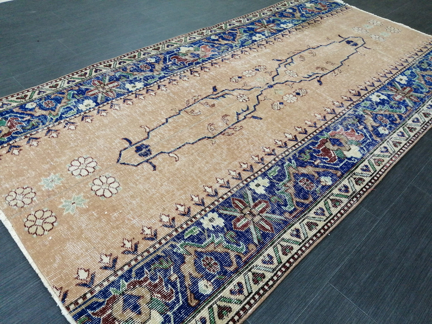 3.7 x 7.2 Blue Runner Rug, Hand Made Rug, Oushak Rug, Boho Rug, Rug Runner, Turkish Rug, Farmhouse Rug, Vintage Rug, Wool rug Oriental Rug
