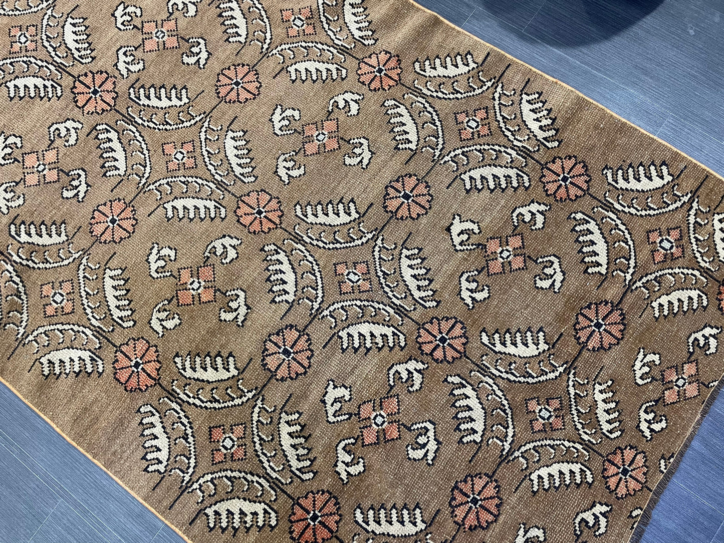 Vintage Floral RUG, Brown 4x10 Vintage Rug, TURKISH Rug, Muted Vintage Persian Rug, Vintage Wool Pink and Green Rug Muted Handmade Rug