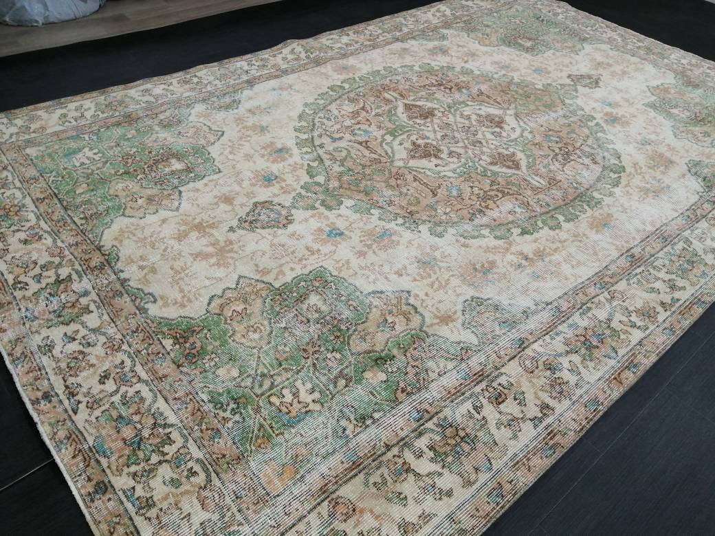 OUSHAK RUG Persian Rug 6.8 x 10.4 TURKISH Rug Vintage Wool Rug Muted Vintage Oriental Rug Wool Oushak Rug Hand Made Rugs Green Vintage Rug