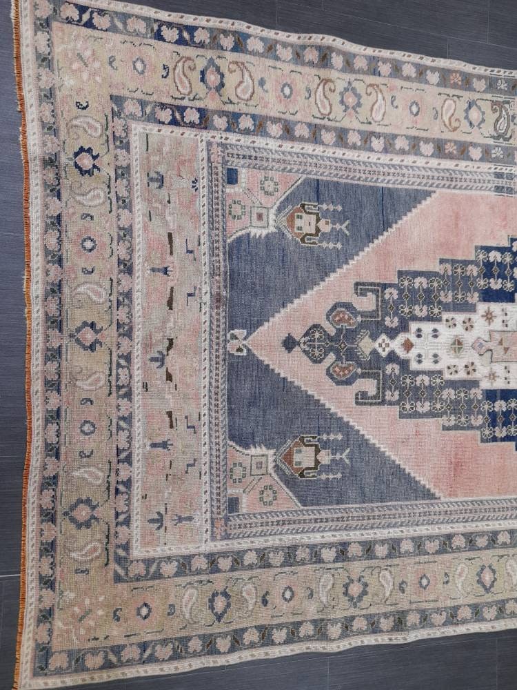Blue and Pink Vintage Rug 5.2 x 10 Authentic Turkish Oushak Rug Hand Knotted Rug Rustic Rug, Wool Turkish Rug 5x10 Rug Oriental Rug