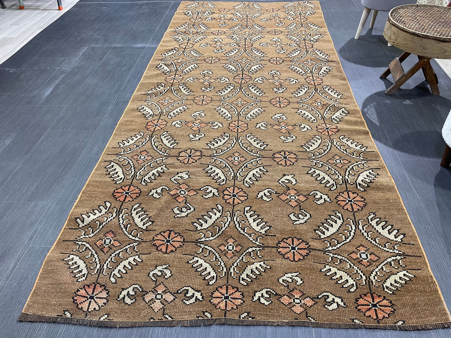 Vintage Floral RUG, Brown 4x10 Vintage Rug, TURKISH Rug, Muted Vintage Persian Rug, Vintage Wool Pink and Green Rug Muted Handmade Rug