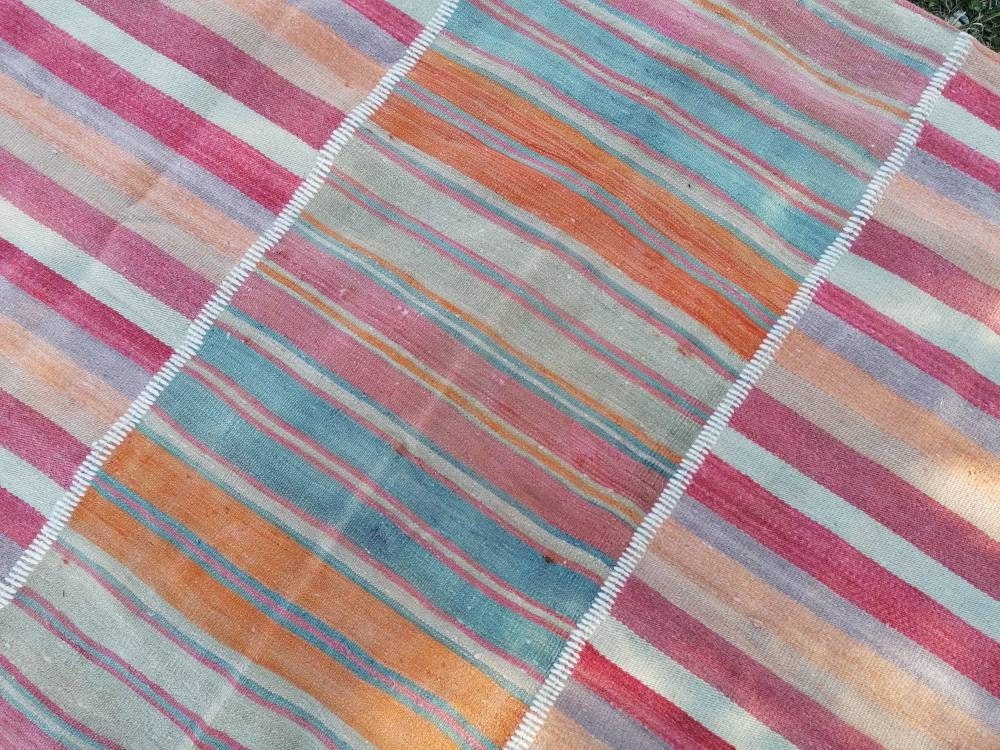 Flatwoven kilim rug 6'4x8'8 stripe hand made rugs, vintage turkish rugs oushak rug vintage oushak rug, wool rug