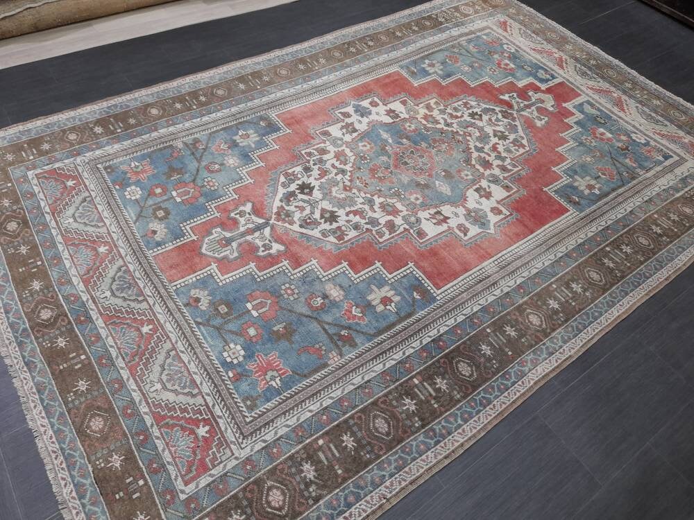 Oushak Rug 6.5 x 10 Blue And Red Persian Rug Vintage Rug Soft Wool Rug Antique Turkish Rug Muted Quality Turkish Rug
