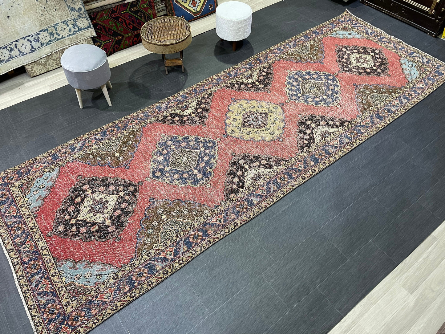 Turkish Runner Rug, Persian Distressed Runner 4.8 x 13.2 Rug, Vintage Runner Rug, Hallway Runner Rug, Kitchen Runner Rug, Wool Runner Rug