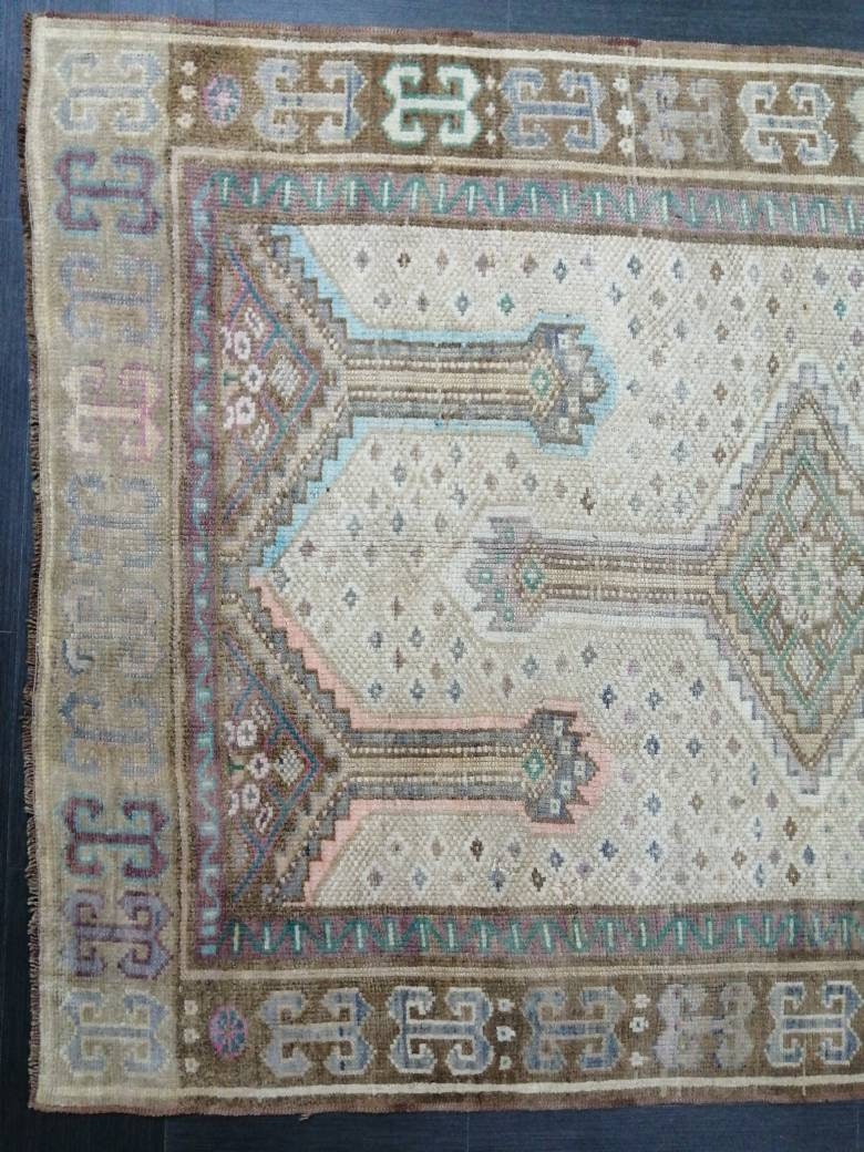 Vintage OUSHAK RUG 4.4 x 11 Vintage Rug Vintage Muted Rug Muted Wool Neutral Rug Hand Made Rugs Vintage Turkish Rug Kars Rug Oriental Rug