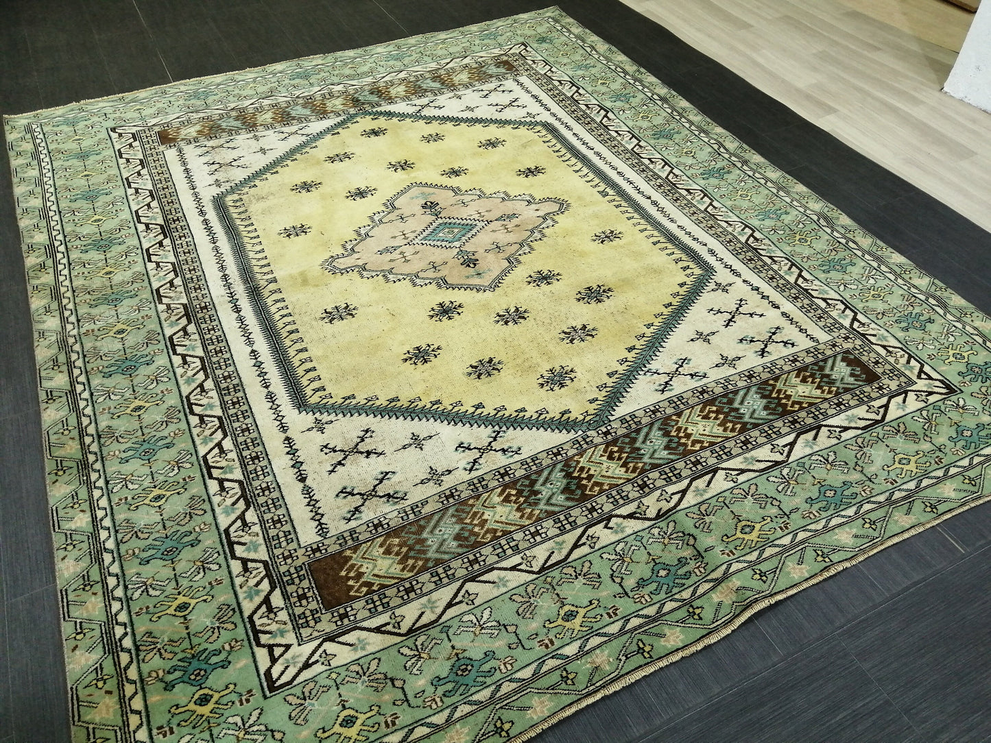 OUSHAK RUG 8.6x7.3 Green TURKISH Oushak Rug Vintage Oushak Runner Rug Vintage Runner Rug Wool Oushak Rug Hand Made Rugs Vintage Turkish Rug