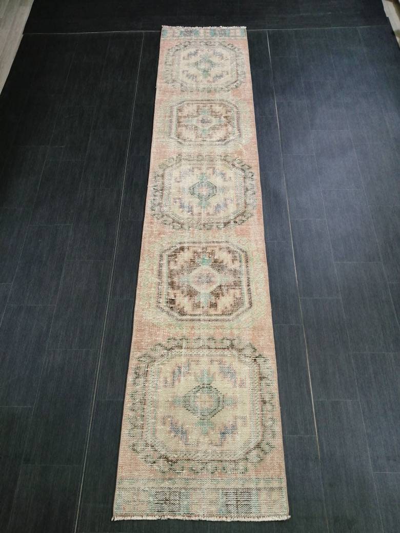 Muted Oushak Runner Rug 2.2 x 11 Vintage Runner Rug Distressed Hallway Runner Rug Turkish Kitchen Runner Rug Antique Wool Runner Rug