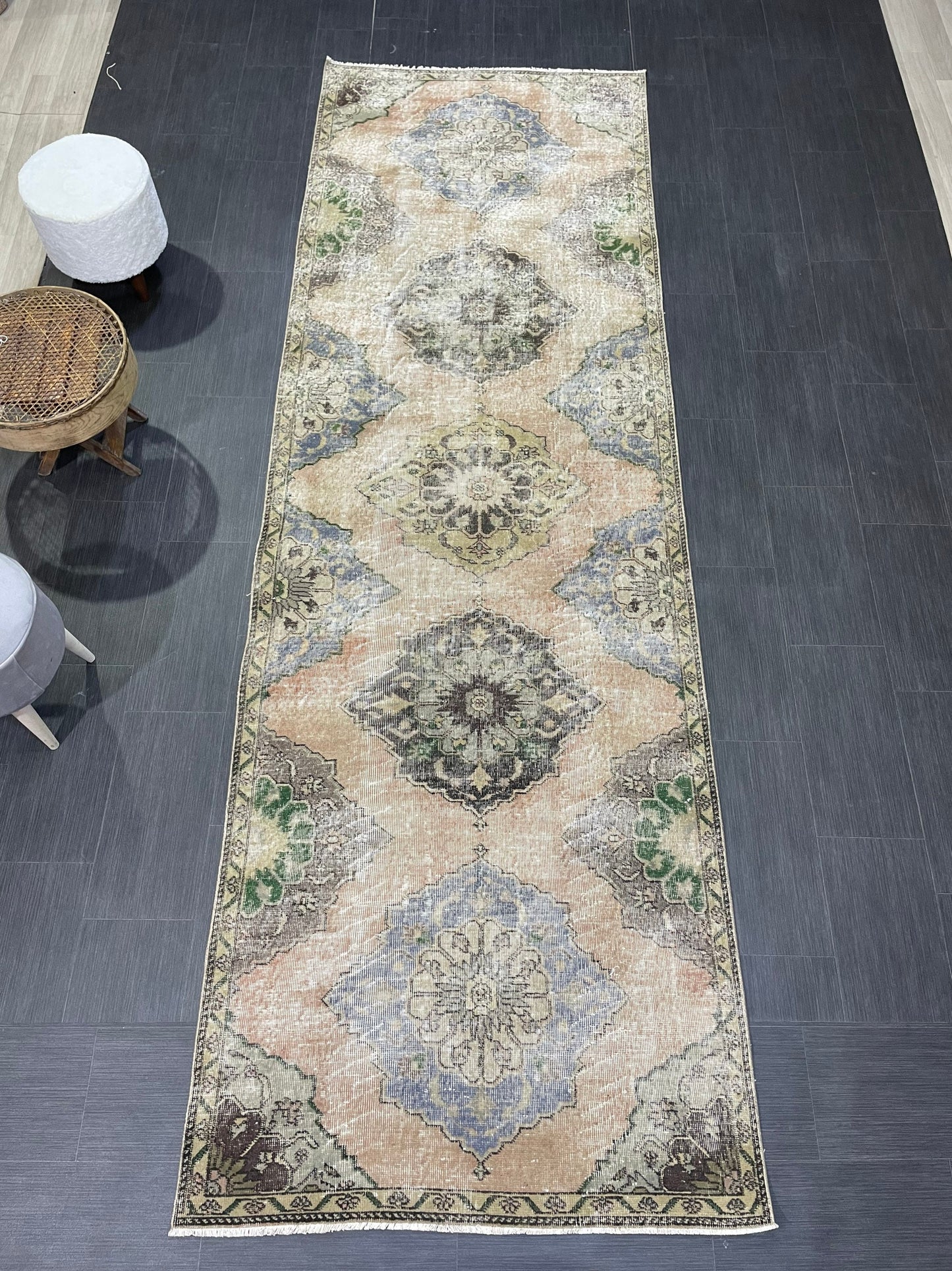 Muted Oushak Runner 3.8 x 11.7 Rug, Vintage Runner Rug, Hallway Runner Rug, Antique Runner Rug Wool Runner Rug Distressed Runner Rug