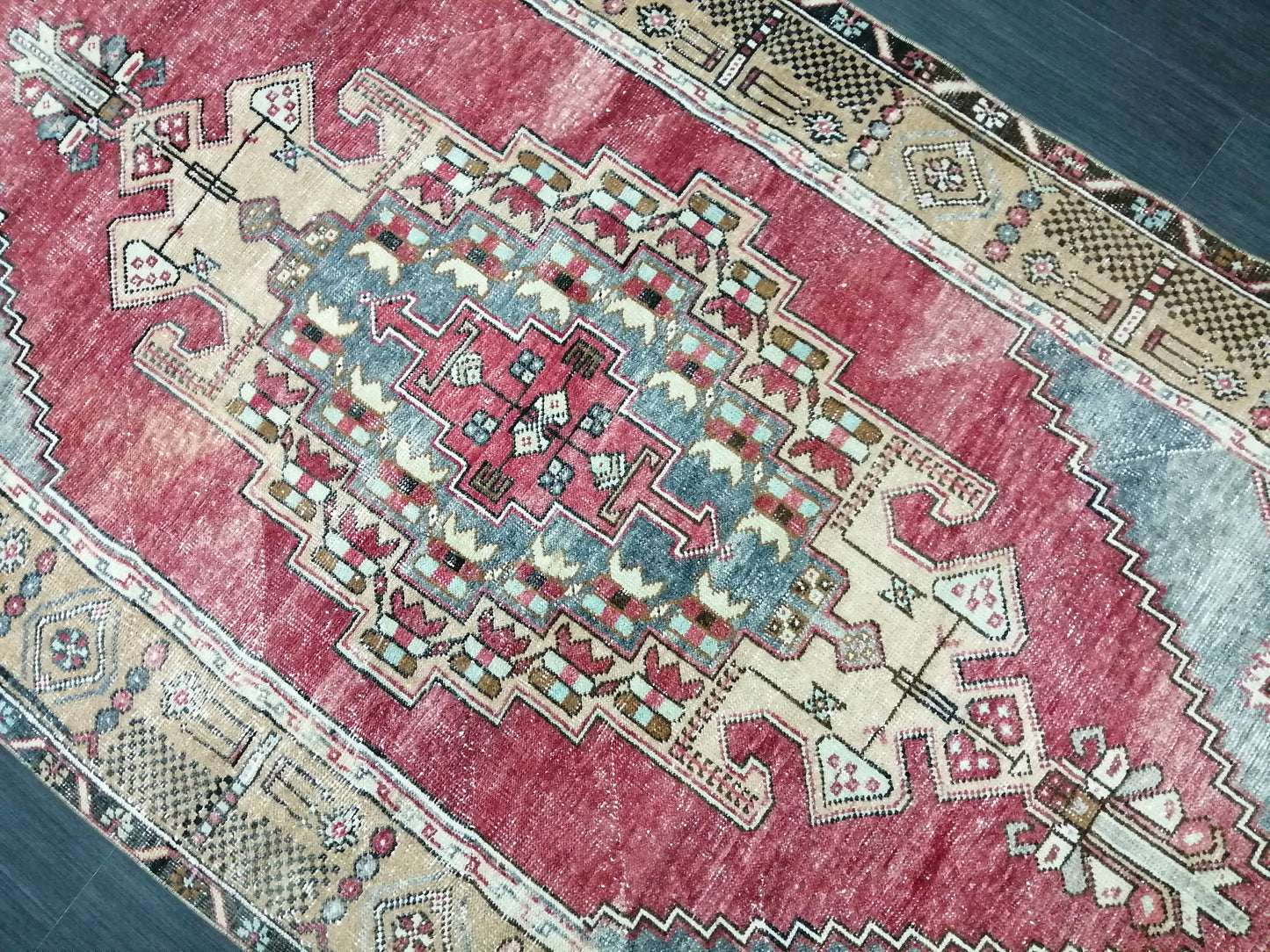 Muted OUSHAK RUG 4.2 x 8.3 Muted Vintage Rug Vintage Rug Ice Blue Wool Oushak Rug Hand Made Rugs Vintage Turkish Rug