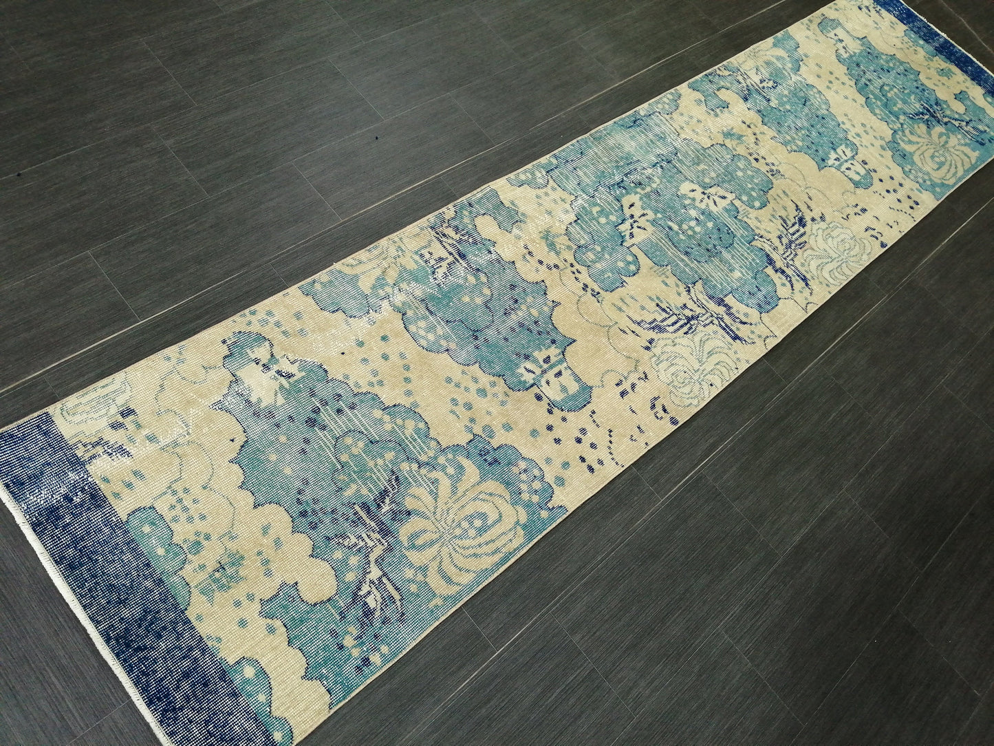 Oushak Runner Rug 10.5 X 2.5 Turkish Runner Rug Vintage Runner Rug Beige and Blue Hallway Runner Rug Kitchen Runner Rug vinatgeturkish_rug