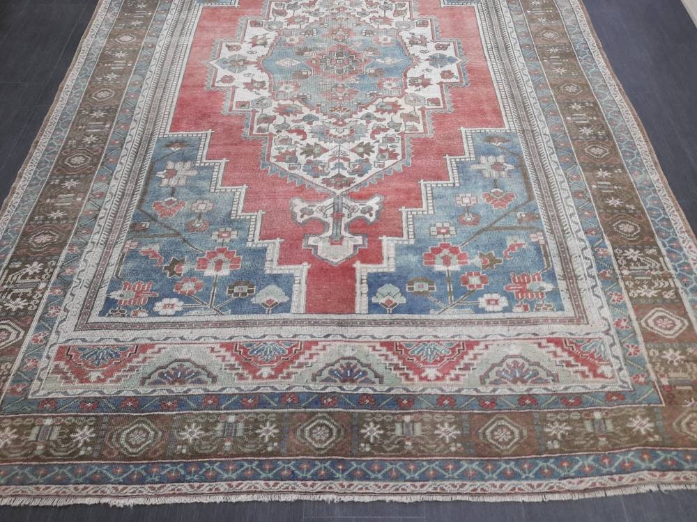 Oushak Rug 6.5 x 10 Blue And Red Persian Rug Vintage Rug Soft Wool Rug Antique Turkish Rug Muted Quality Turkish Rug