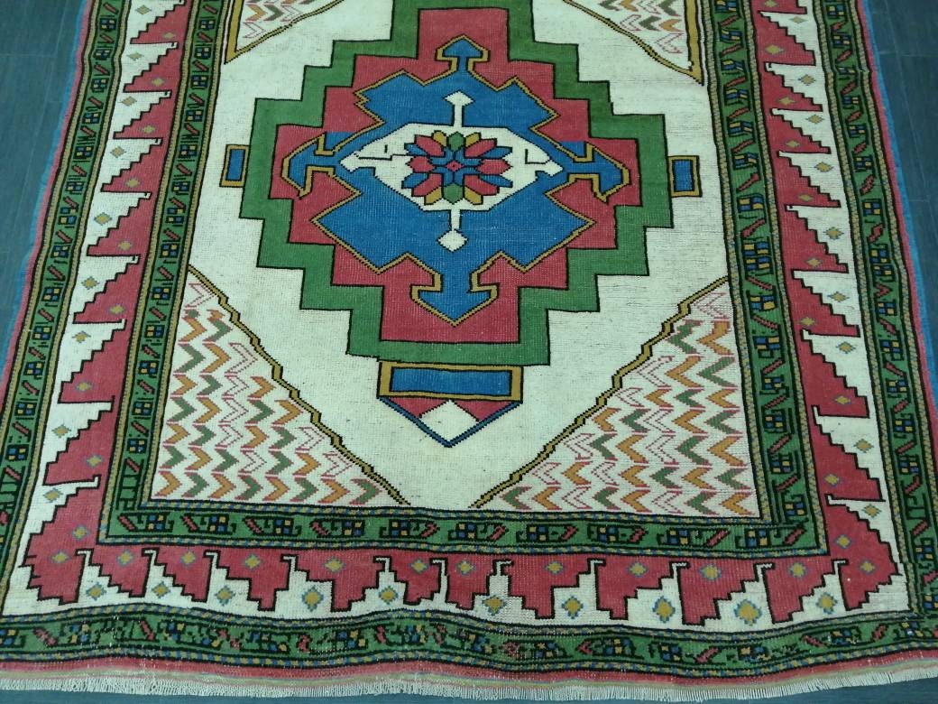 TURKISH Rug, wool Hand Made Rug, 6x9 Rustic Oushak Rug, Boho Rug, Vintage Blue and Green Rugs, Farmhouse Rug, Vintage Rug, Oushak Rug