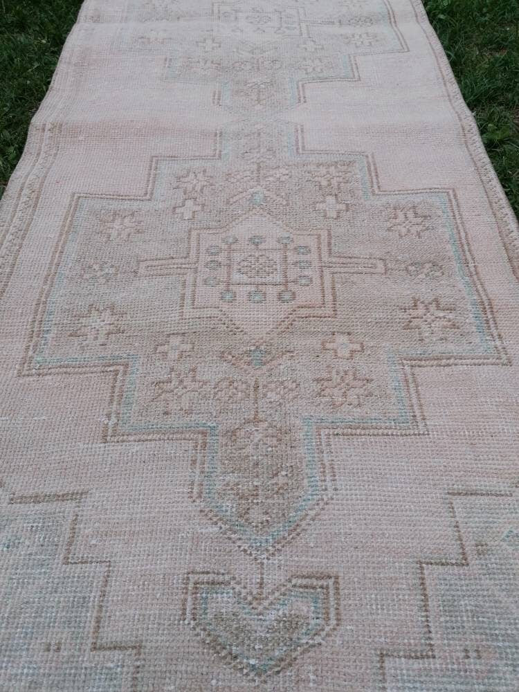Muted hallway wool runner rug 2'7x8'4 handmade runner vintage oushak runner, turkish runner rug