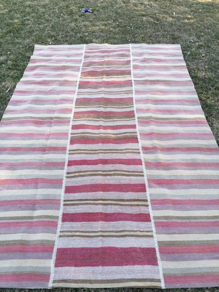 6.8 x 9.7 Flatwoven kilim rug stripe handmade rug vintage turkish rug, vintage oushak rug, wool rug