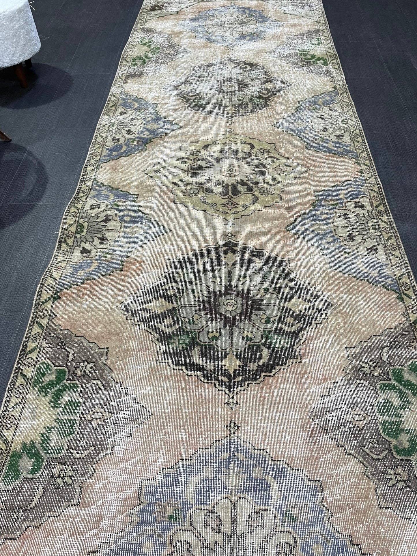 Muted Oushak Runner 3.8 x 11.7 Rug, Vintage Runner Rug, Hallway Runner Rug, Antique Runner Rug Wool Runner Rug Distressed Runner Rug