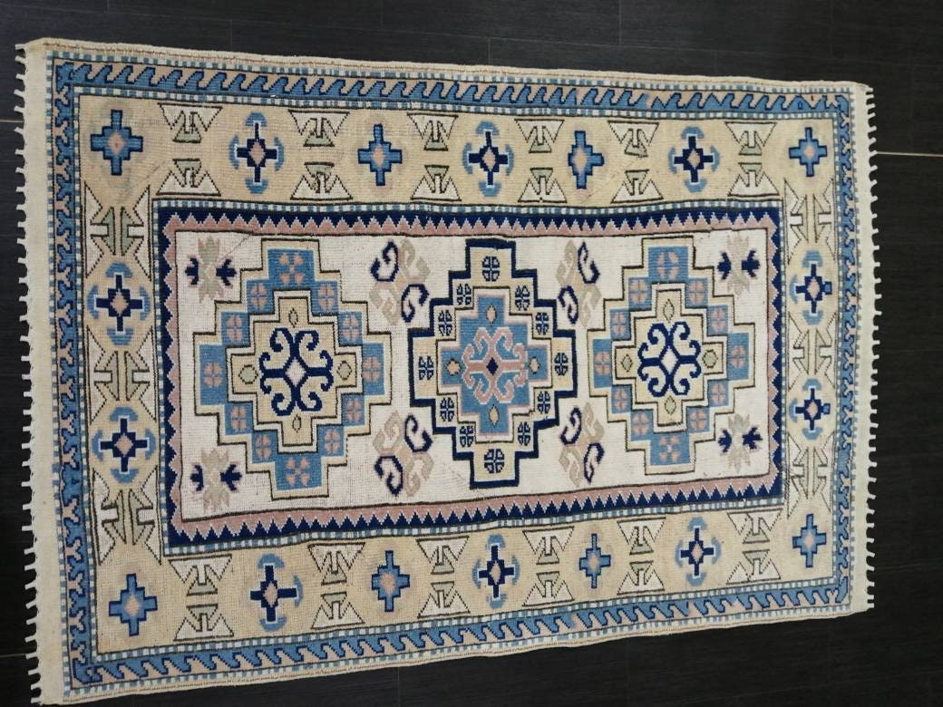 Vintage Blue Rug, 3.9 x 5.7 Hand Made Rug Oriental Rug, Wool Oushak Rugs, Hand Made Rug, Persian Rug, Vintage Turkish Rug, Farmhouse Rug