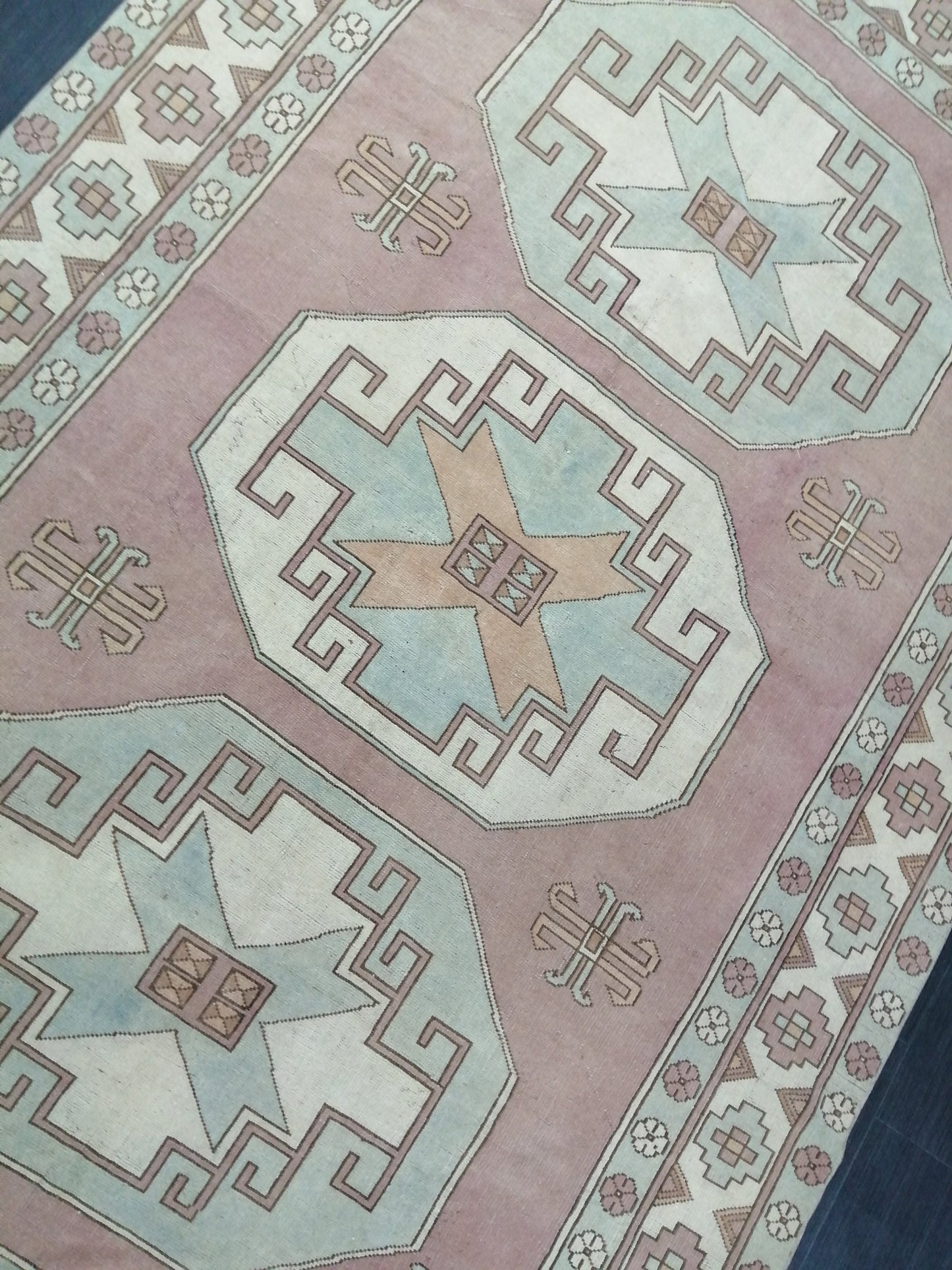 Muted OUSHAK RUG 9.7 x 6.4 Muted Vintage Rug Vintage Rug Dusty Rose And Ice Blue Wool Oushak Rug Hand Made Rugs Vintage Turkish Rug