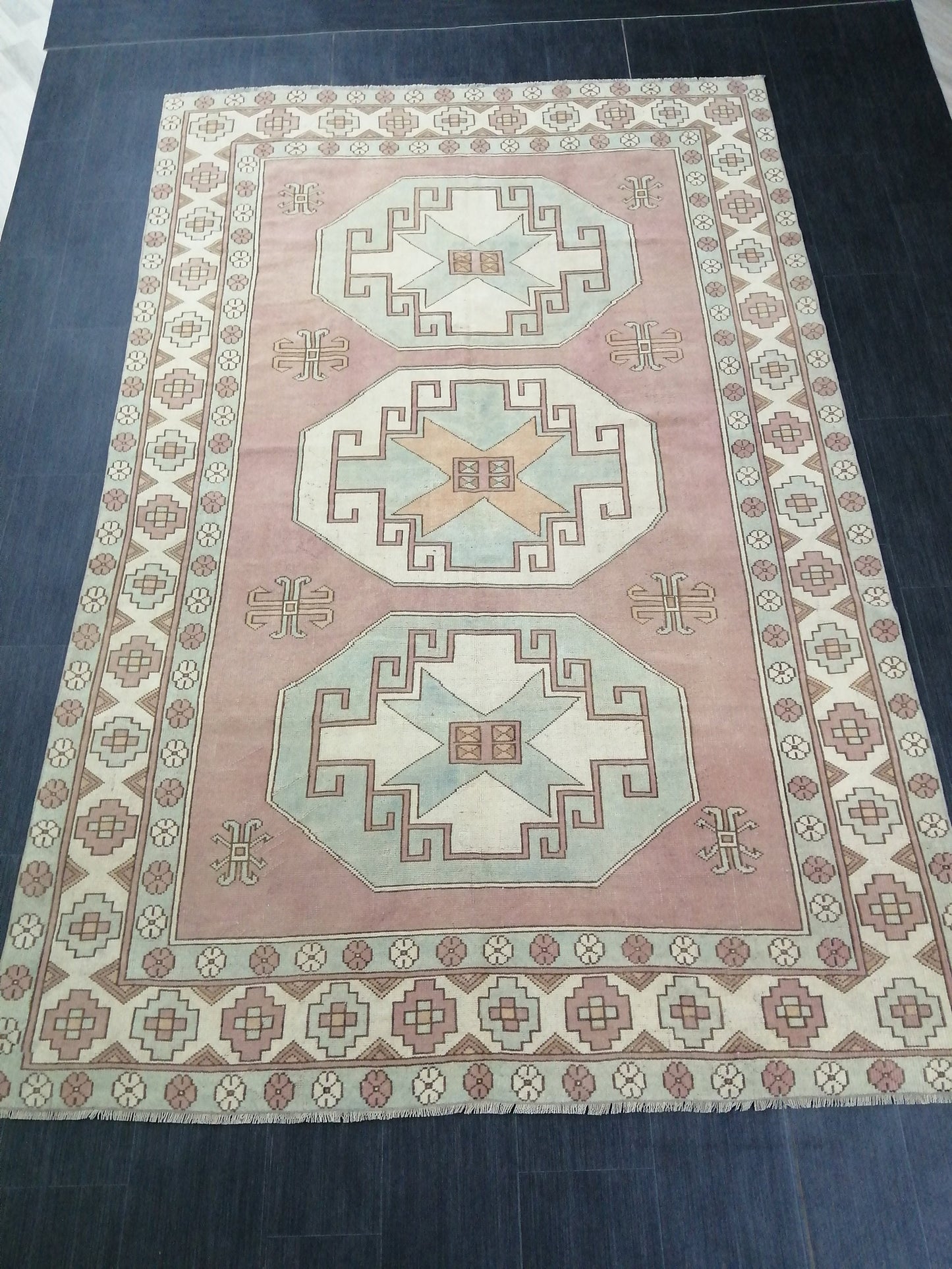 Muted OUSHAK RUG 9.7 x 6.4 Muted Vintage Rug Vintage Rug Dusty Rose And Ice Blue Wool Oushak Rug Hand Made Rugs Vintage Turkish Rug
