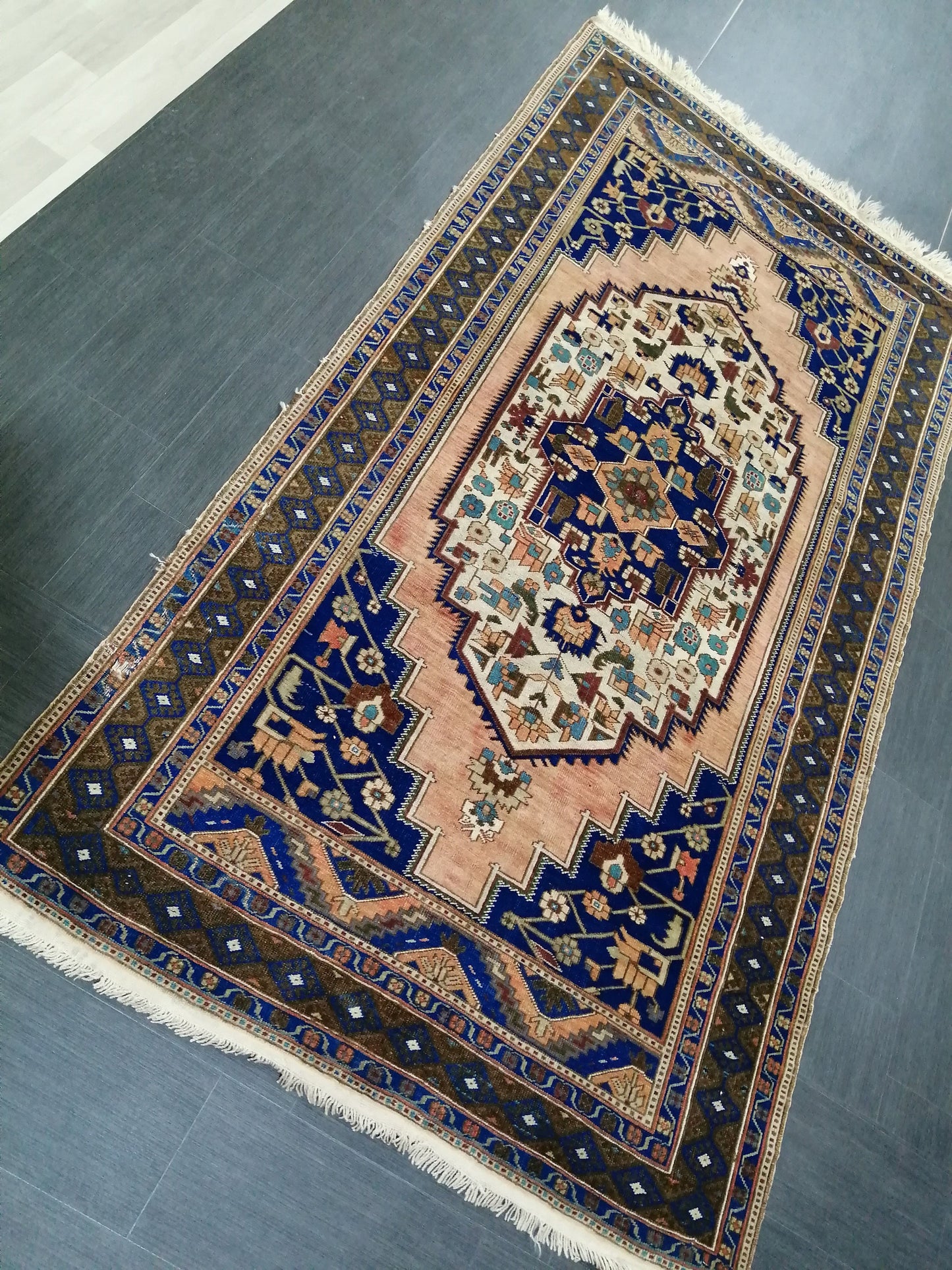9.5 x 5 OUSHAK RUG Navy Blue TURKISH Oushak Rug Vintage Oushak Runner Rug Vintage Runner Rug Wool Oushak Rug Hand Made Rugs Turkish Rug