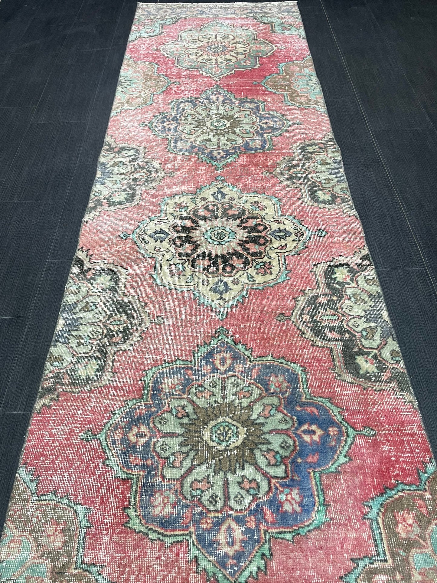 Muted Vintage Runner Rug Vintage Oushak Runner Rug 3 x 12.5 Hallway Runner Rug Turkish Kitchen Runner Rug Antique Wool Oriental Runner Rug
