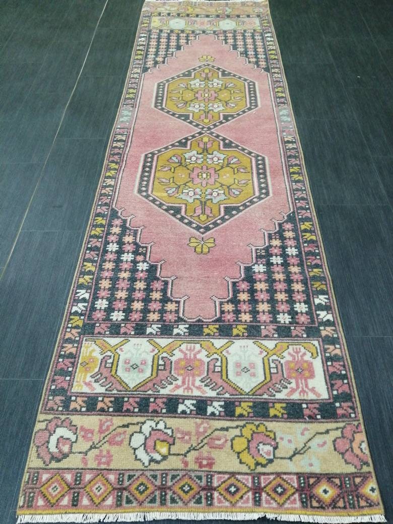 Pink Oriental Runner 2.4 x 8.7 Runner Hand Made TURKISH Runner Vintage Runner Muted Vintage Persian Muted Runner Rug Excellent Condition Rug