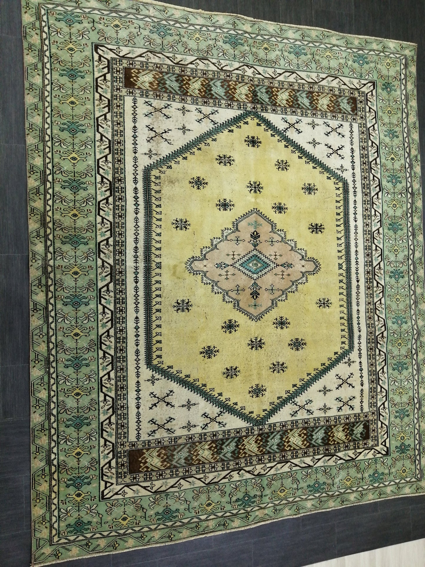 OUSHAK RUG 8.6x7.3 Green TURKISH Oushak Rug Vintage Oushak Runner Rug Vintage Runner Rug Wool Oushak Rug Hand Made Rugs Vintage Turkish Rug