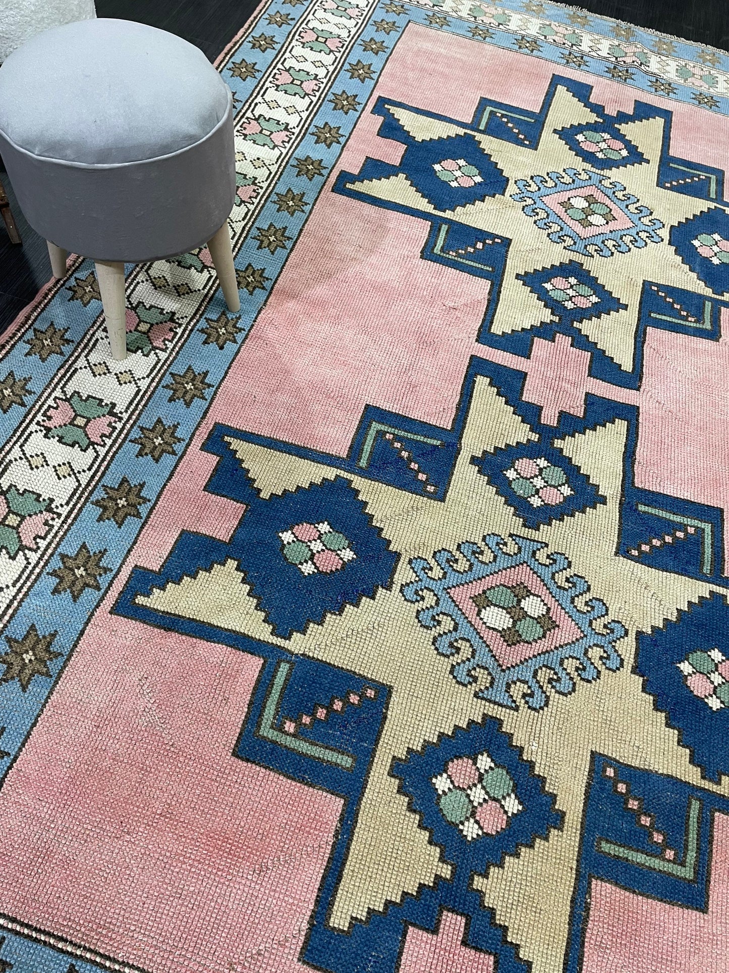 Wool OUSHAK RUG TURKISH 6.6 x 10 Rug Vintage Oriental Rug Vintage Handmade Rug Wool Vintage Pink and Blue Rug Hand Knotted Rug