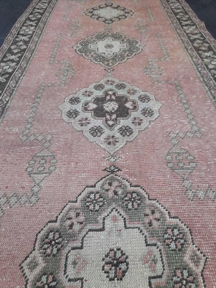Muted Turkish Runner Rug 4.2 x 11 Muted Vintage Runner Rug Hand Made Runner Rug Pink Vintage Runner Rug Hallway Runner Rug Distressed Runner