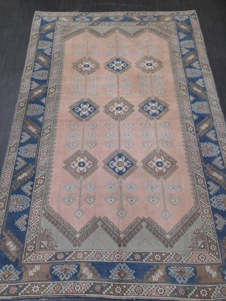 Oriental RUG 6.3 x 9.5 Oushak Rug Blue And Light Pink Persian Rug Vintage Rug Soft Wool Rug Antique Turkish Rug Muted Quality Turkish Rug
