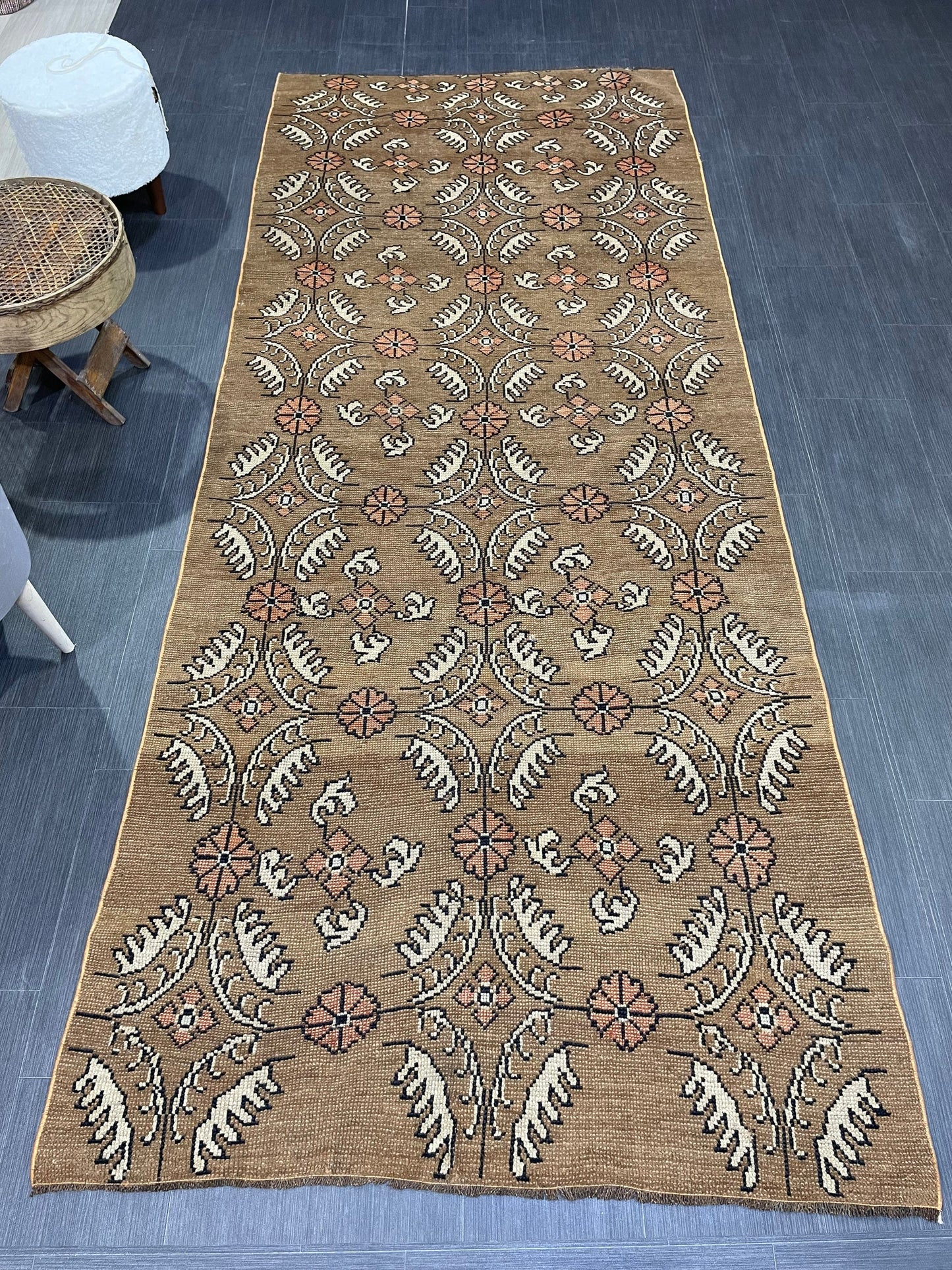 Vintage Floral RUG, Brown 4x10 Vintage Rug, TURKISH Rug, Muted Vintage Persian Rug, Vintage Wool Pink and Green Rug Muted Handmade Rug