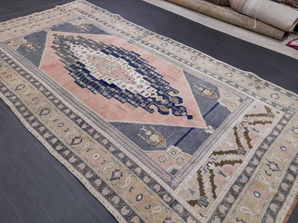 Blue and Pink Vintage Rug 5.2 x 10 Authentic Turkish Oushak Rug Hand Knotted Rug Rustic Rug, Wool Turkish Rug 5x10 Rug Oriental Rug