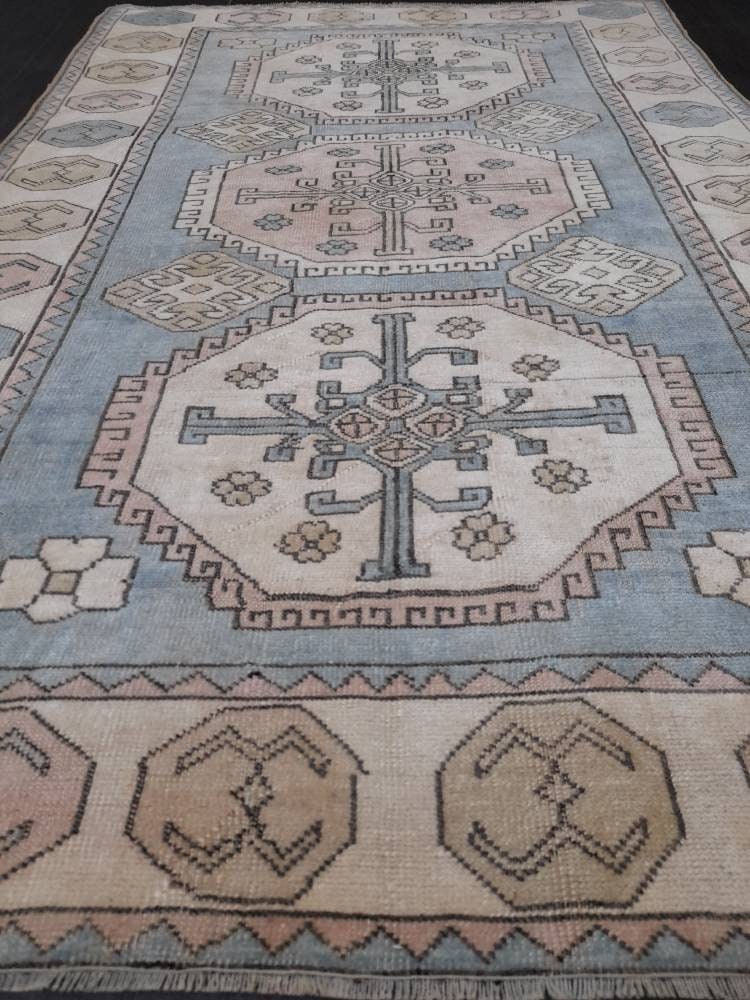 Distressed Wool Hand Made Rug Vintage Oushak Rug Blue 5x8 Oriental Rug, Rug Vintage Turkish Rug, Farmhouse Rug Vintage Rug Living room Rug