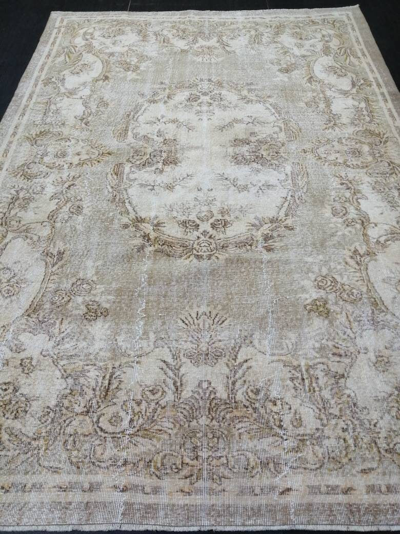 Muted Vintage RUG 6.8 x 9.8 TURKISH Rug Distressed Vintage Rug Wool Oushak Rug Large Hand Made Rugs Vintage Turkish Rug 7x10