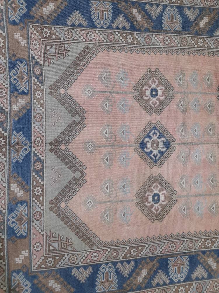 Oriental RUG 6.3 x 9.5 Oushak Rug Blue And Light Pink Persian Rug Vintage Rug Soft Wool Rug Antique Turkish Rug Muted Quality Turkish Rug