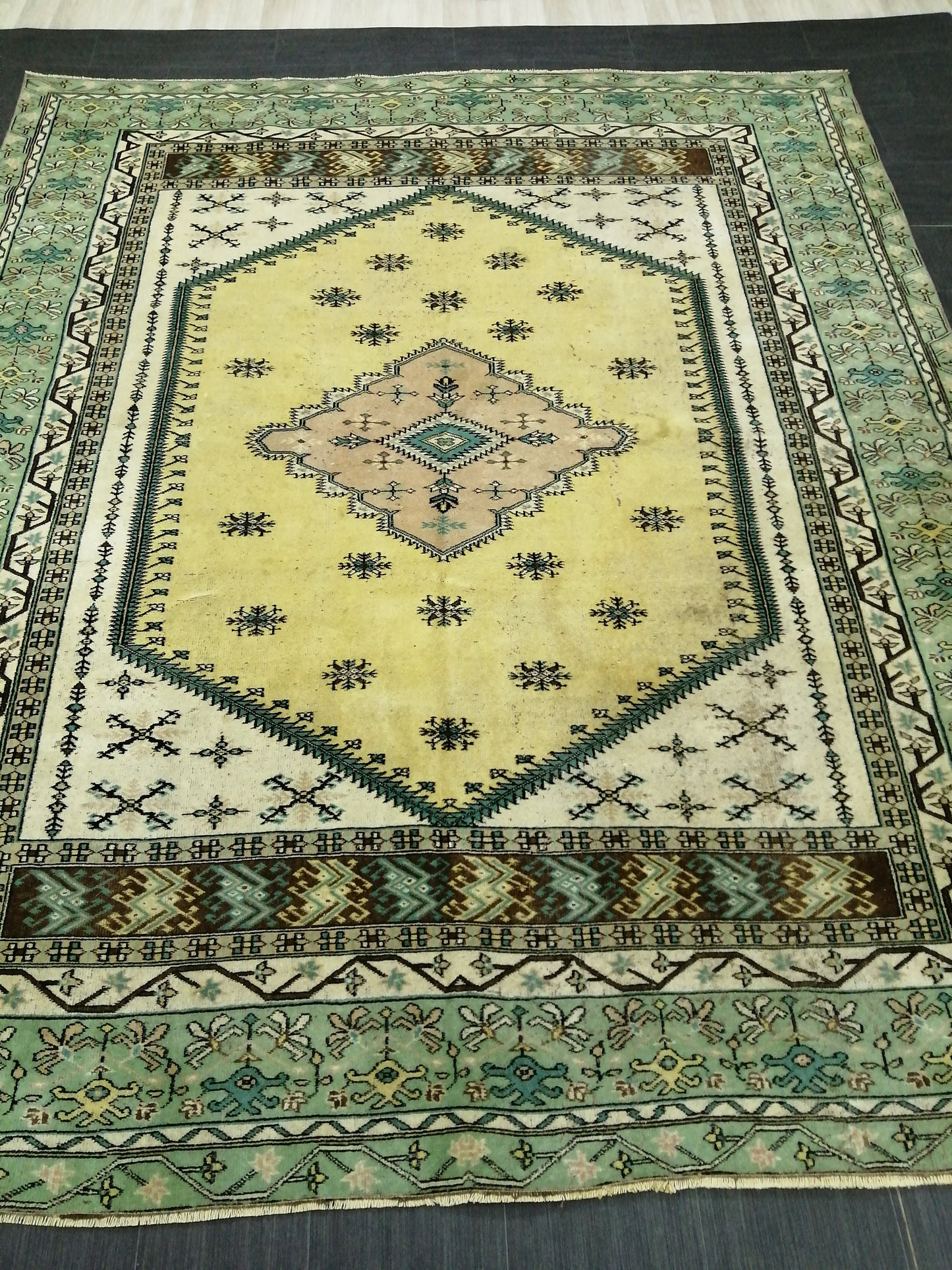 OUSHAK RUG 8.6x7.3 Green TURKISH Oushak Rug Vintage Oushak Runner Rug Vintage Runner Rug Wool Oushak Rug Hand Made Rugs Vintage Turkish Rug