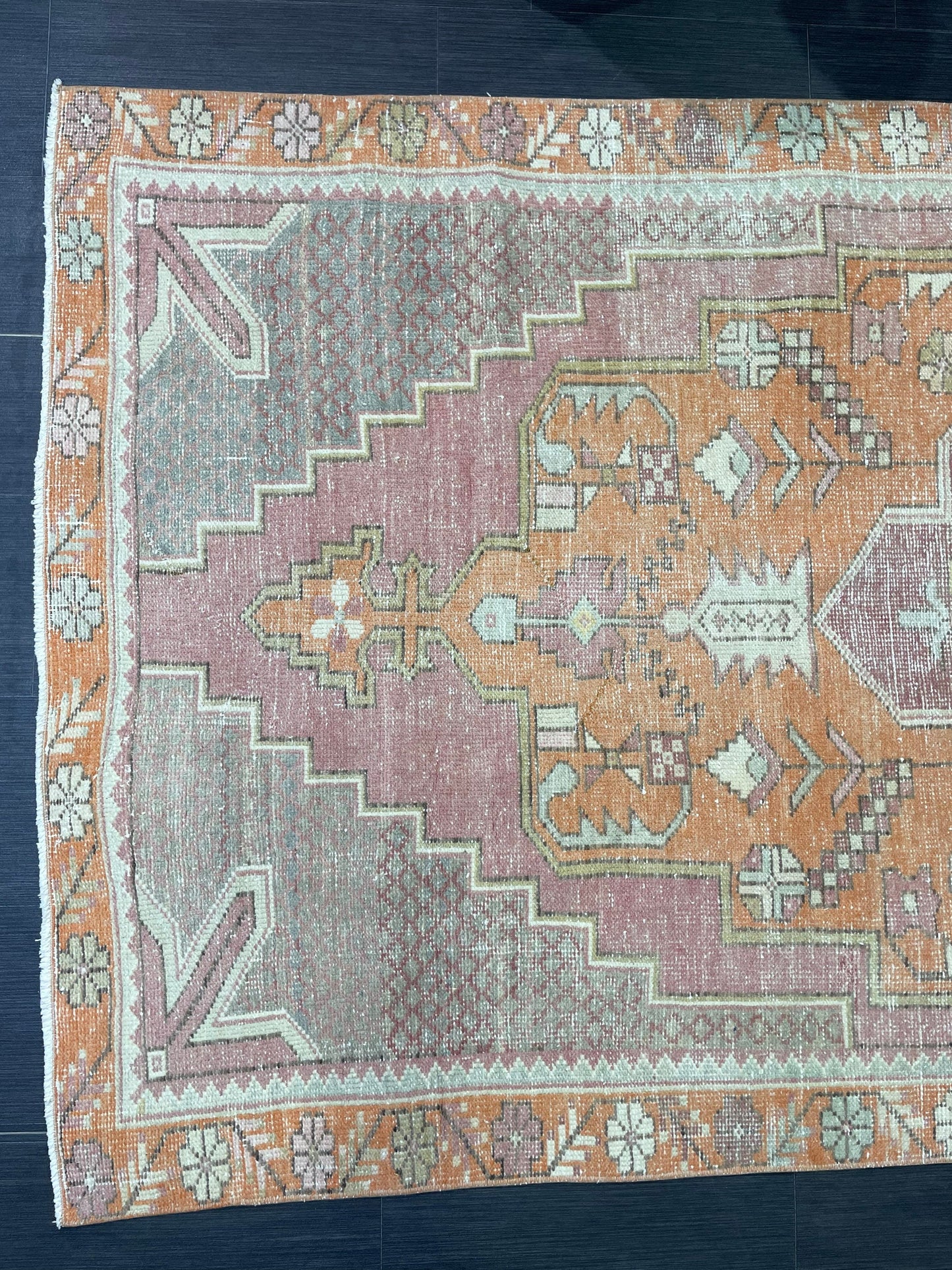 Handmade Rug, Persian 4.5 x 8.5 Rug, Navy Hand Knotted Rug, Vintage Rug, Yellow and Orange Turkish Rug, Oushak Rug, Oriental Rug, Wool Rug