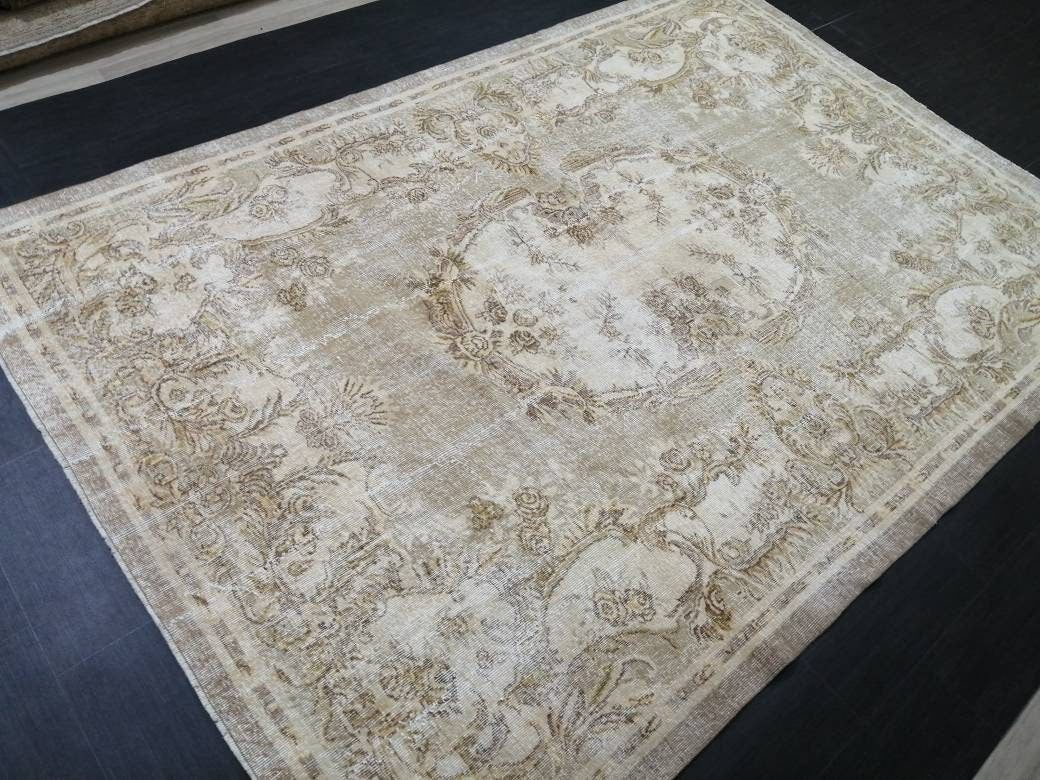 Muted Vintage RUG 6.8 x 9.8 TURKISH Rug Distressed Vintage Rug Wool Oushak Rug Large Hand Made Rugs Vintage Turkish Rug 7x10