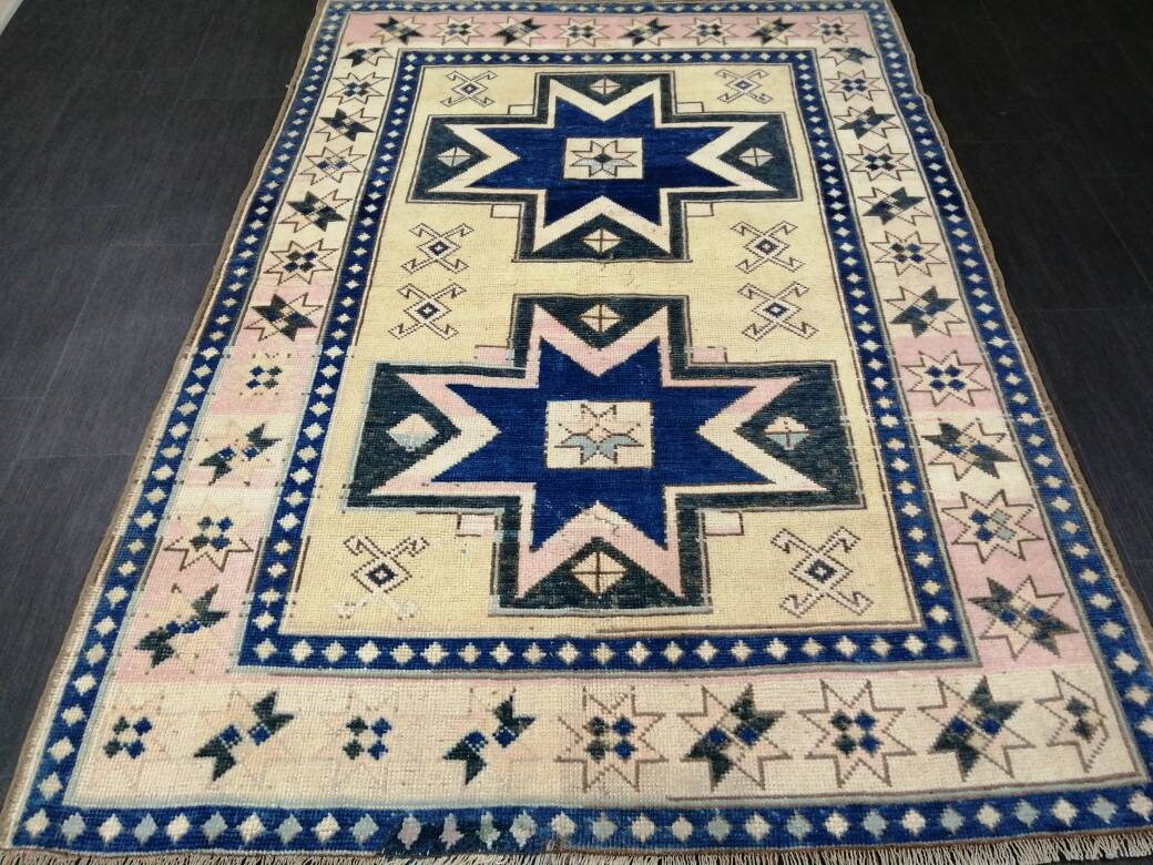 Blue and Pink OUSHAK RUG 6.5 x 4.6 TURKISH Oushak Rug Vintage Oushak Runner Rug Vintage Runner Rug Wool Oushak Rug Hand Made Rug