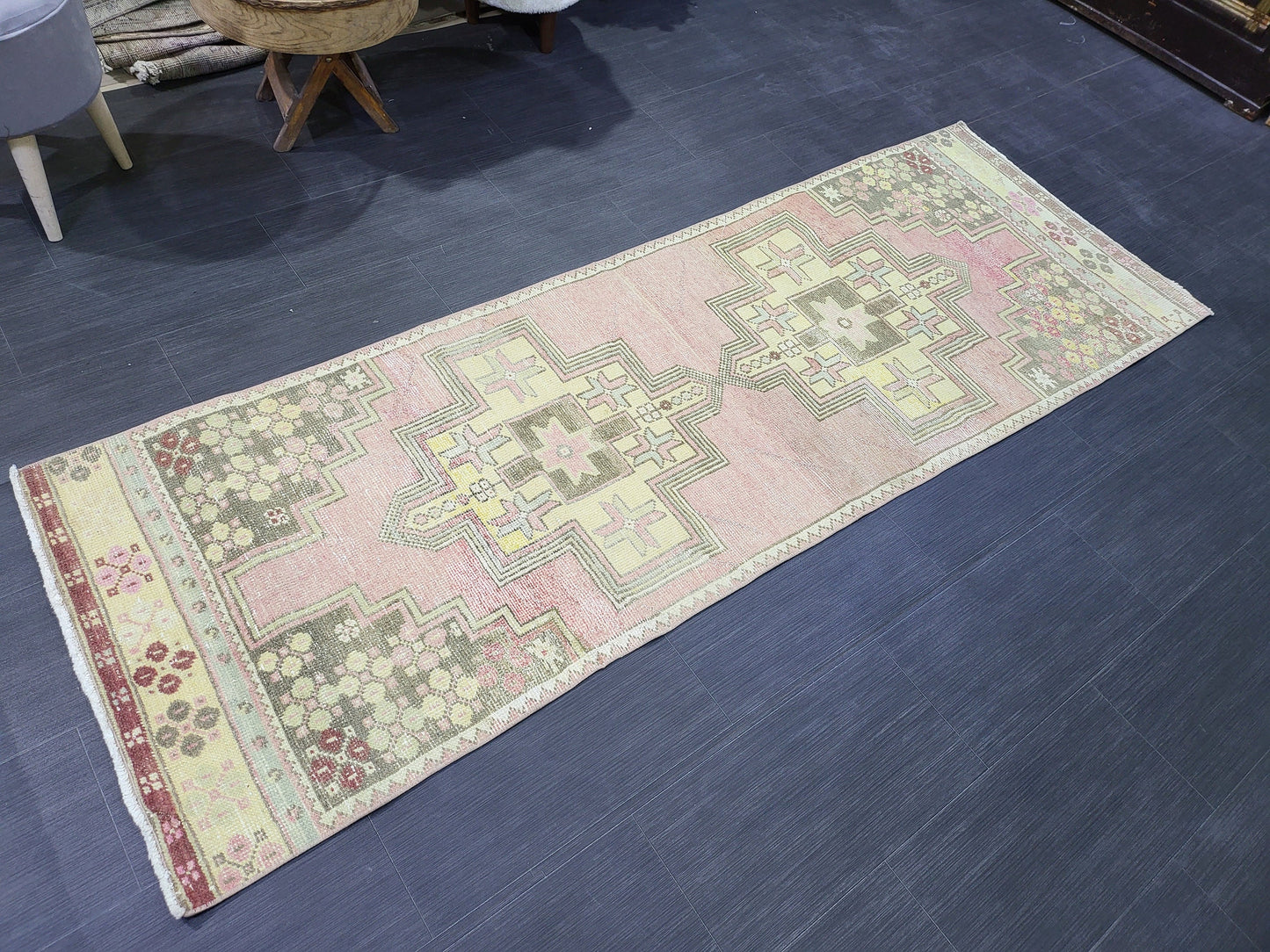 Distressed VINTAGE Rug, Handmade 2.8 x 7.8 Runner Rug, Oushak Rug, Wool Rustic Runner Rug, Antique Runner Rug, Turkish Rug, Short Runner Rug