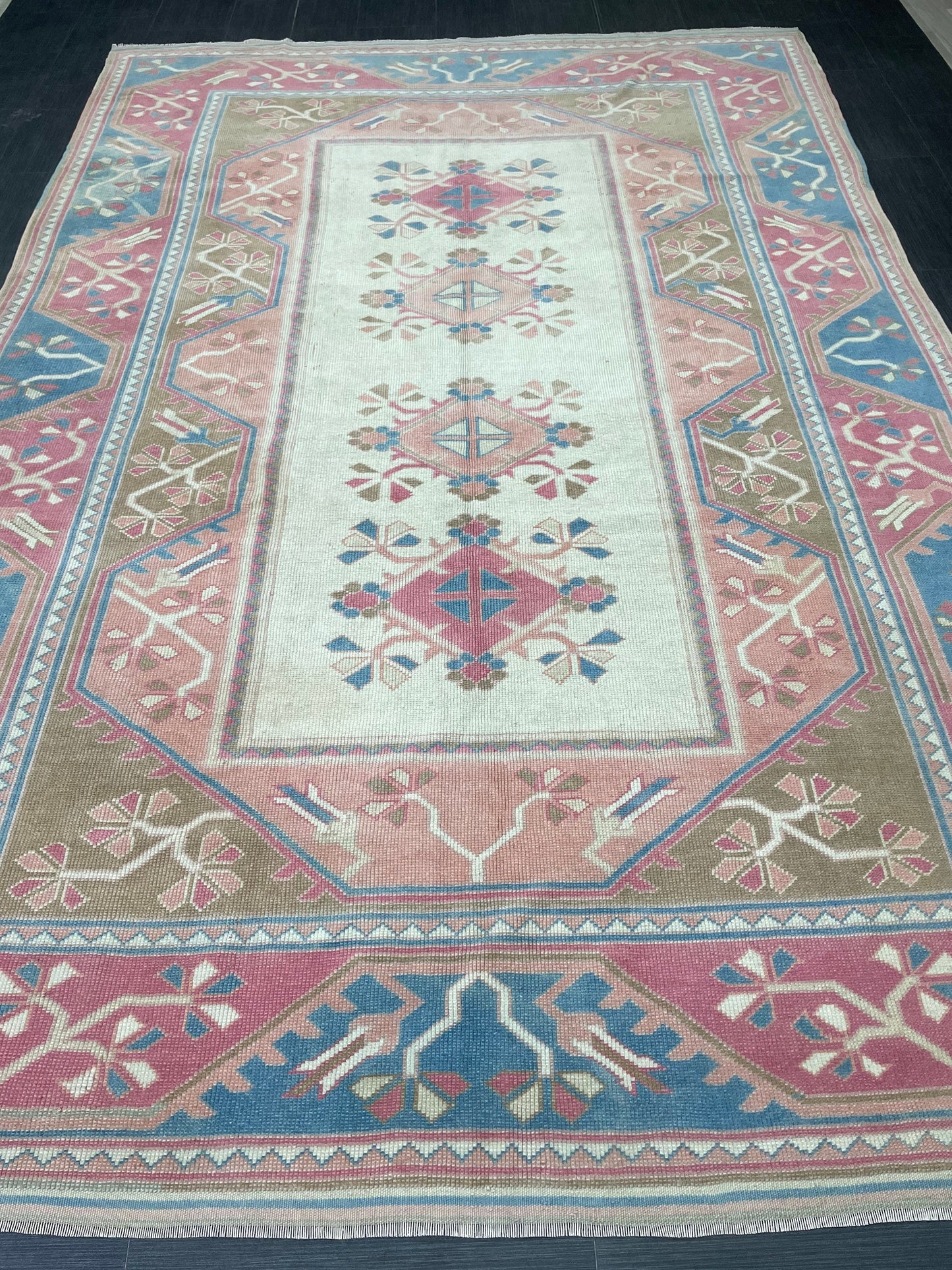 Hand Knotted Oushak Rug 6.8 x 10.3 Vintage Rug Handmade Turkish Rug Persian Rug Vintage Rug, Wool Blue and Pink Rug Large Rug