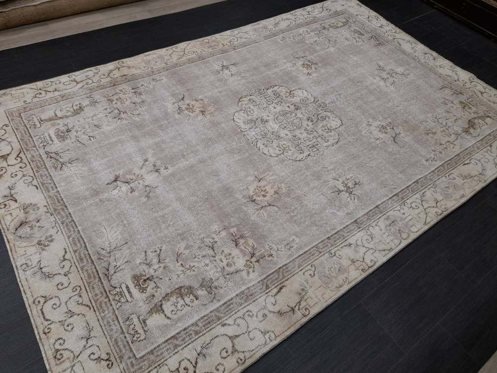 Muted Turkish Vintage Rug 6.5 x 10 Hand Knotted Oushak Rug Rustic Rug, Muted Rug, Vintage Turkish Rug Farmhouse Rug Vintage Rug Wool rug